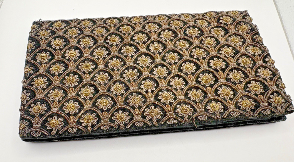 Black Silk Embroidered Clutch Purse India Brocade Gold Silver Embellishments